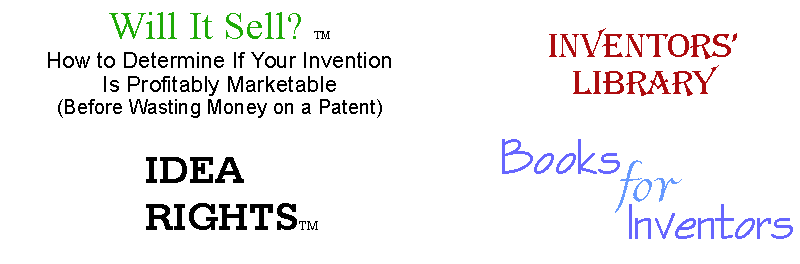 Images of web sites 'WillItSell.com, BooksForInventors.com, Inventors Library, and IdeaRights.com